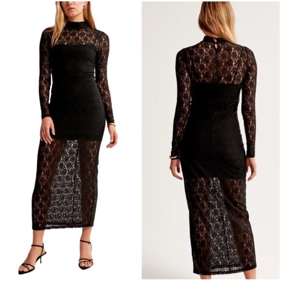 Abercrombie & Fitch Lace Black Bodycon Long Sleeve Maxi Dress Size Small - Picture 1 of 15